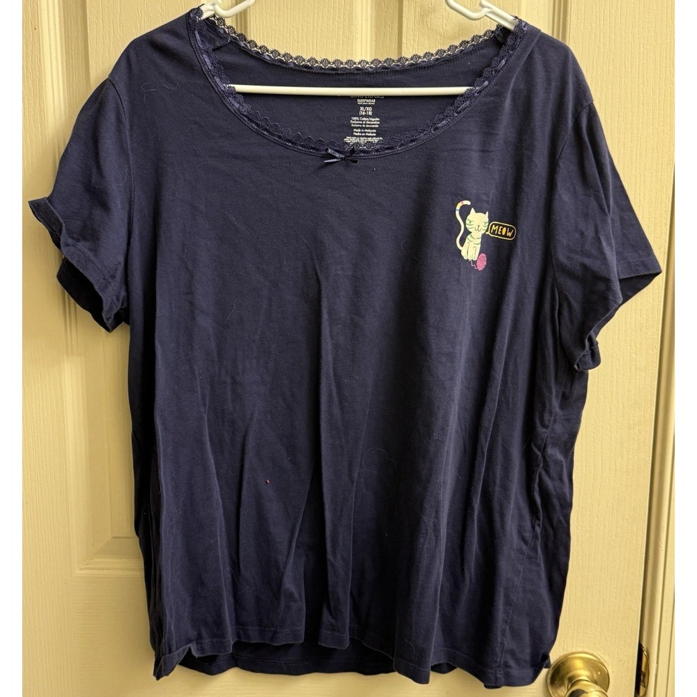 Simply Basic Meow Cat Sleepwear Top‎ Blue Shirt Womens XL With Bow